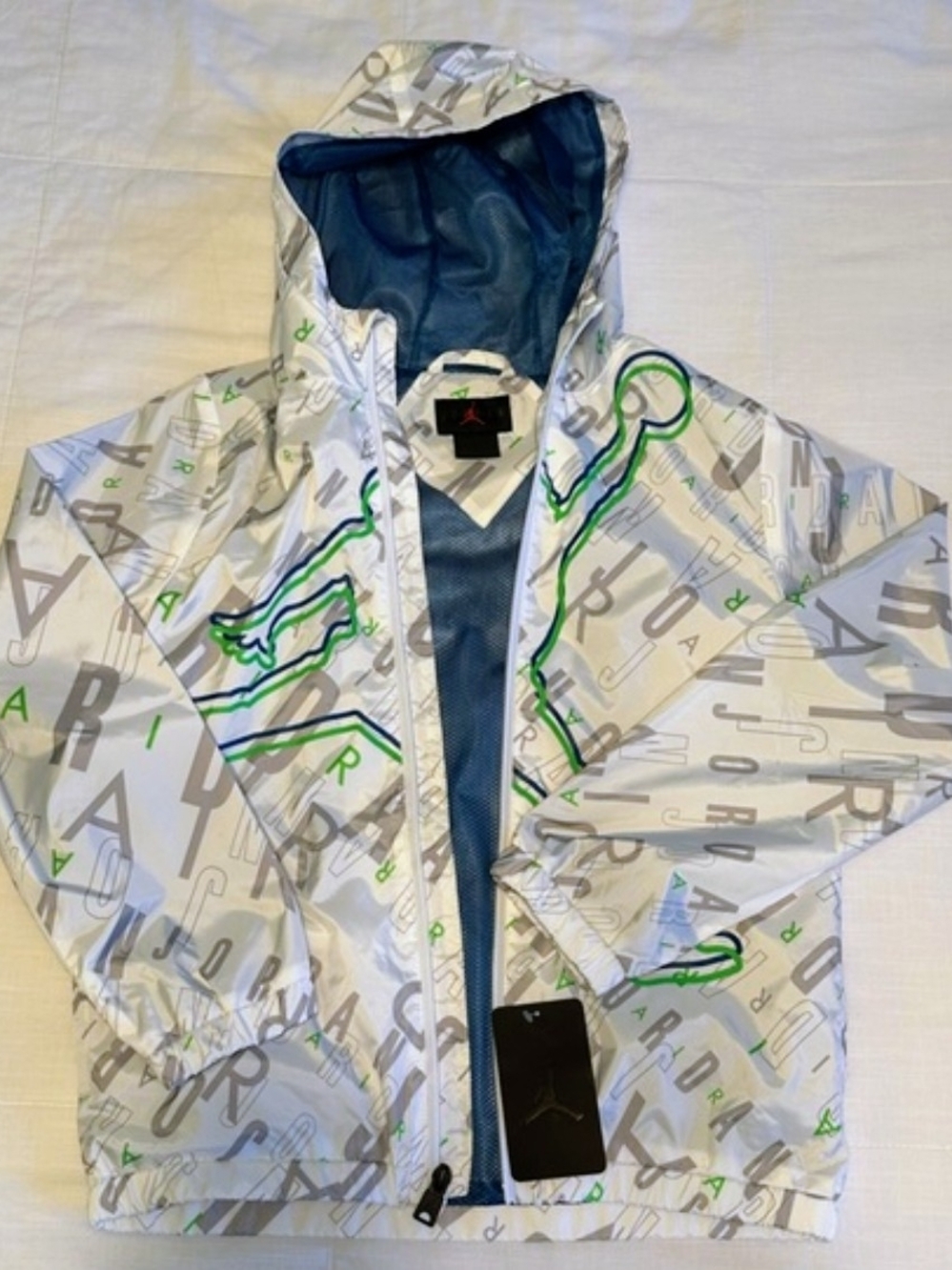 Jordan Kids' White & Gray All-Over Logo Hooded Jacket with Green Accents